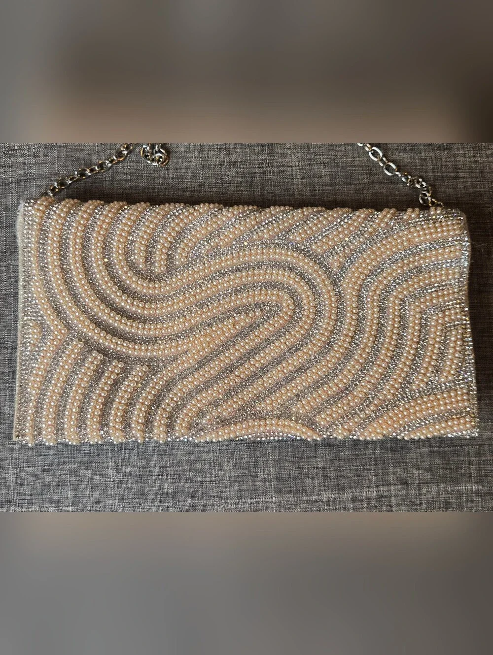 Badgley Mischa Jewel Elegant Gold Champagne Beaded Clutch With Silver Chain NWT